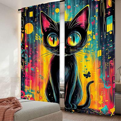 Cat Curtain Colorful Funny Black Watercolor Animal Suitable Bedroom Bathroom Living Room Dining Curtains Set Of 2 Made Polyester Decor