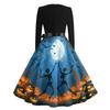 Women's Retro Halloween Print V-Neck Long Sleeve Dress for Casual Everyday Wear
