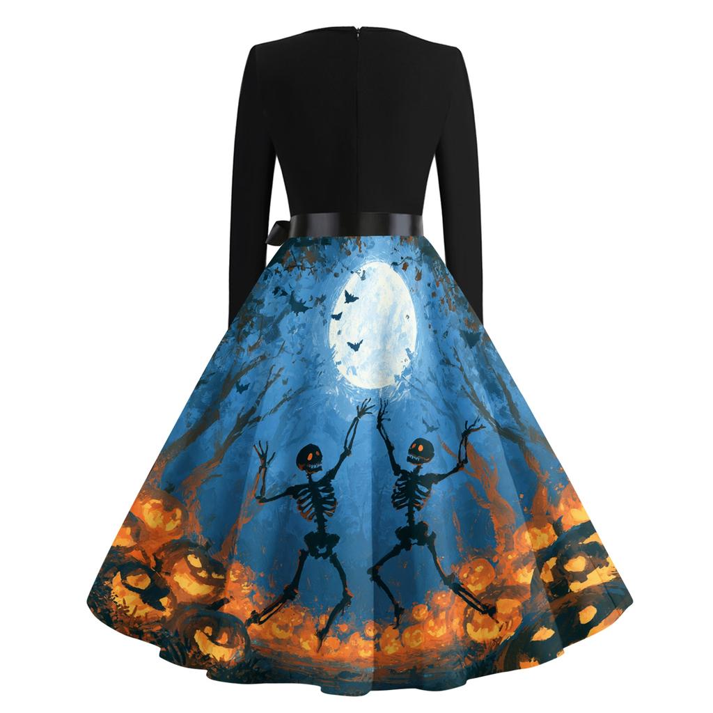 Women's Retro Halloween Print V-Neck Long Sleeve Dress for Casual Everyday Wear