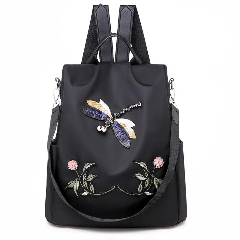 Backpack Women's New D Three-dimensional Embroidery Dragonfly National Style Oxford Cloth Backpack Outdoor Large-capacity Travel Bag