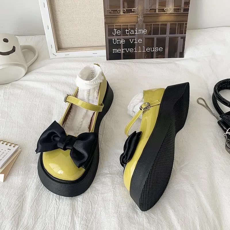 Bow small leather shoes women's British style platform muffin round head with skirt French Mary Jane Japanese jk big head shoes