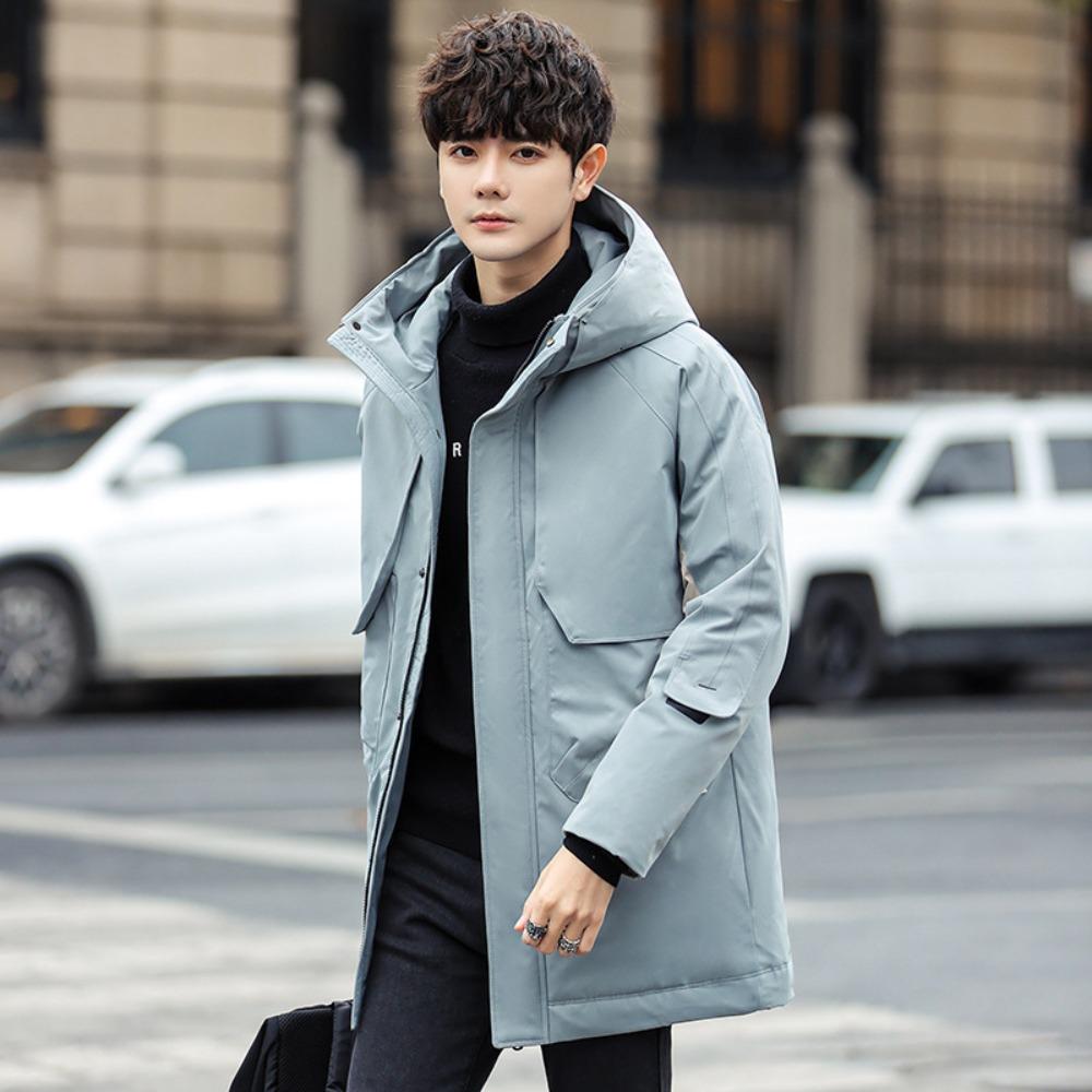 Winter new solid color high velvet tooling jacket medium and long hooded clothes trendy men's clothing