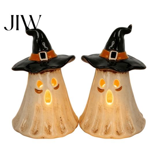 Warm Light Glow Spooky Accents Witch Hat Ghost Tealight Candle Holder, Vintage Resin Halloween Tabletop Decor Decorations with for Farmhouse
