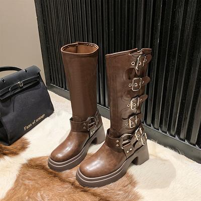 Platformové bojové boty Zip Chunky Podpatek Spona Vintage Móda Ležérní Luxusní Designérské Západní Středně vysoké kozačky Boty Žena