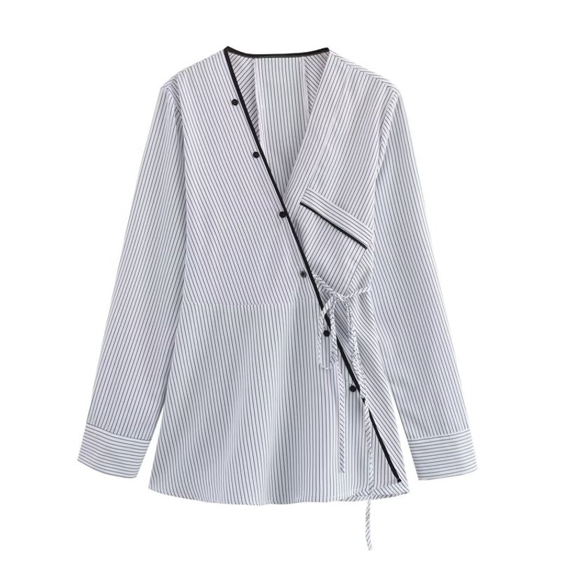 Za2024 Summer New Product Women's Clothes Asymmetric Long Sleeves Stripes Kimono Coat Shirt 2010782 064