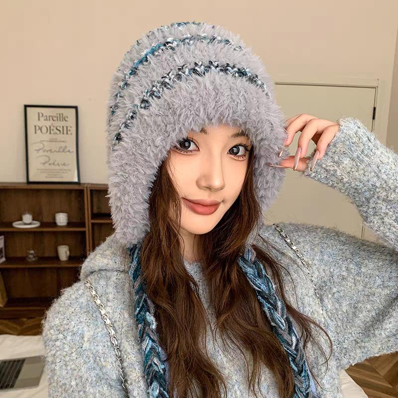 Autumn and winter rainbow candy beans plush wool hat women's plush hat thickened bag head, ear protection hat, warm knitted hat