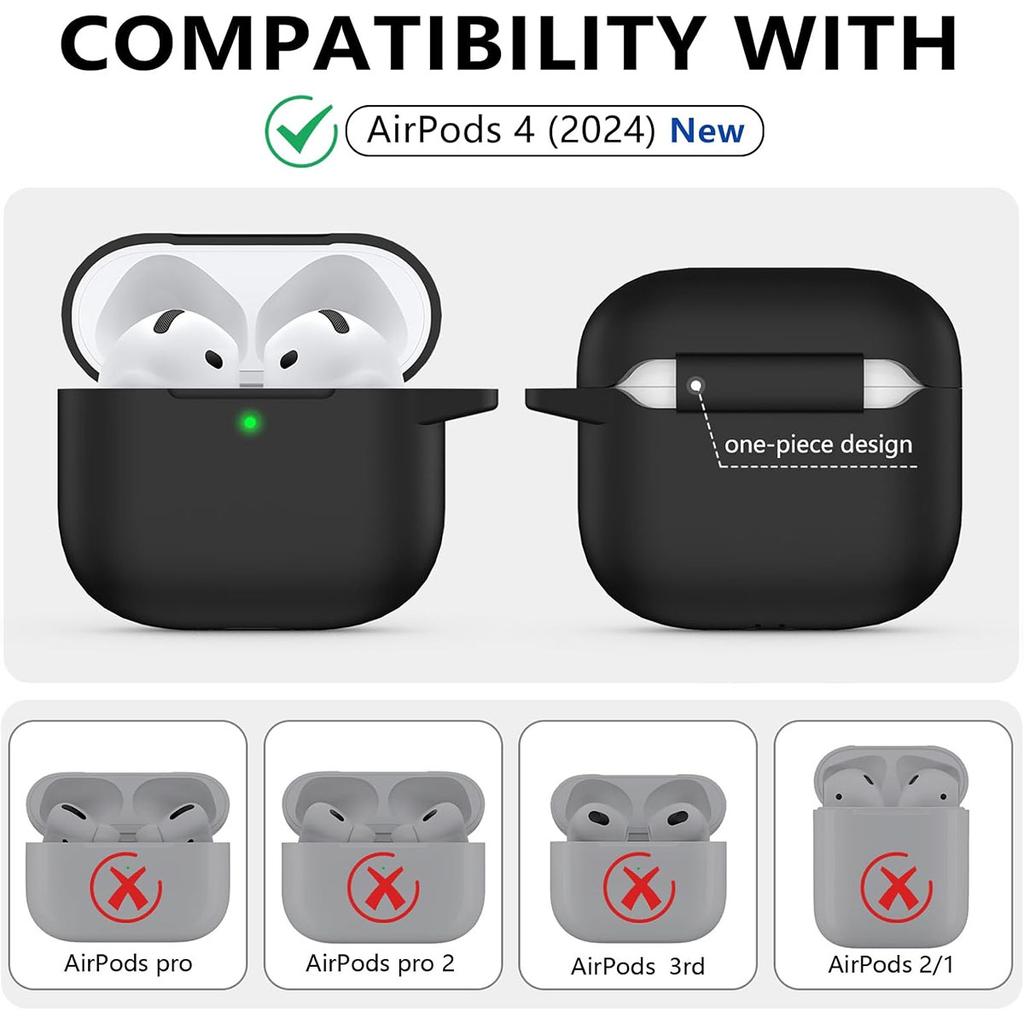 Für AirPods 4. Generation Hülle Abdeckung 2024, Militärqualität Weiches Silikon Stoßabsorbierend für AirPods 4 Hülle mit Schlüsselanhänger & Clea