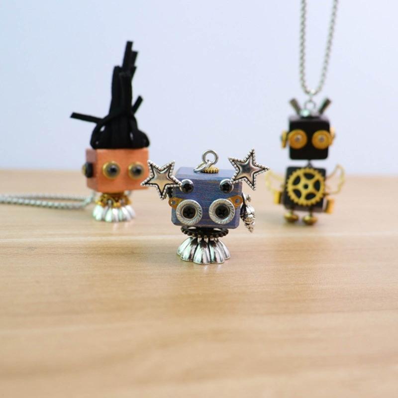 Wood Block Robot Pendant Necklace Adjustable Length Punk Neckchain Stylish Leather Cord Accessory Fade Resistant Chokers