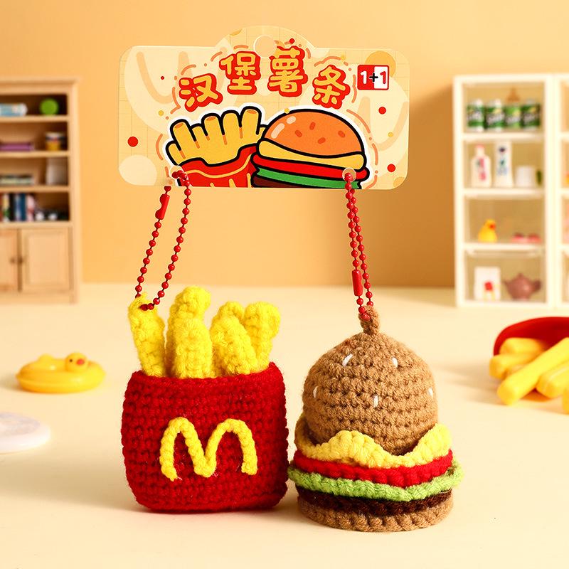 Wool Hand-Knitted Burger & Fries Plush Keychain Bag Charm