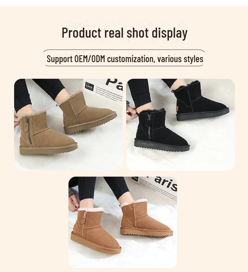 Women's Winter Fur-Lined Genuine Leather Snow Boots - Short, Non-Slip, Warm, and Thick with Zipper