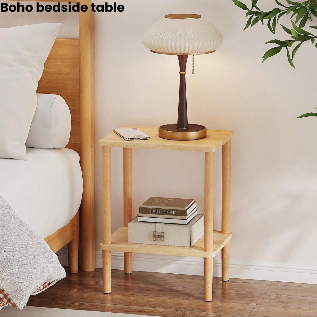Solid Wood Side Table2-Tier Boho End Table With Storage Shelfslim Nightstand Bedside Table For Small Spacesliving Room