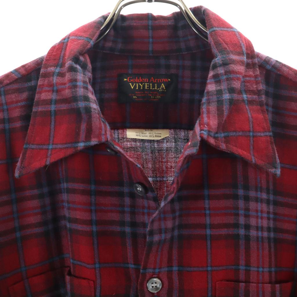 70s Vintage Wool Blend Check Pattern Long sleeve Wool shirt XL Red Men's Used