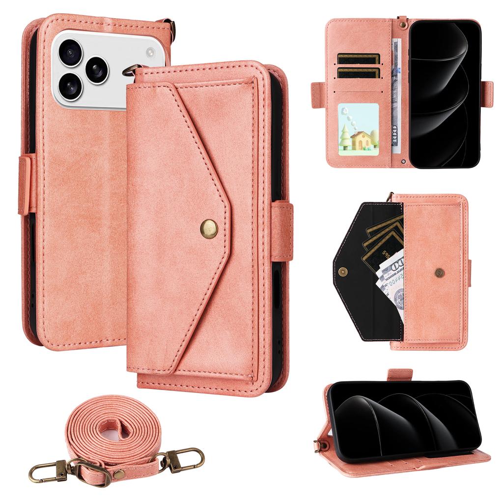 For iPhone 17 Pro Leather Case Magnetic Closure Wallet Stand Phone Cover with Crossbody Strap