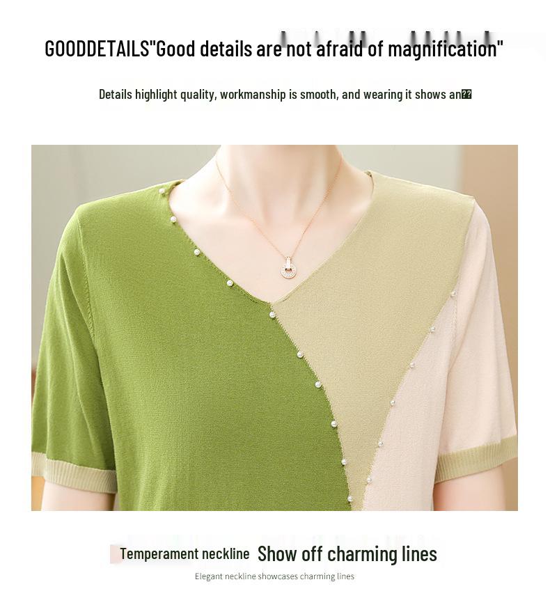 Ice Silk V-neck Summer T-shirt for Mothers and Elderly Women - Loose, Short-sleeved Knit Top
