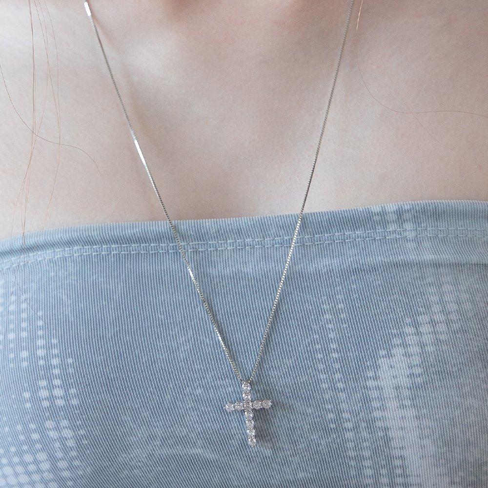 (92.5 Silver) Cubic Cross Pendant Long Necklace Nz2484