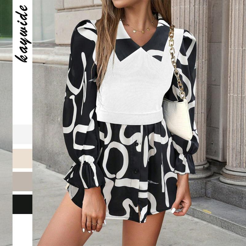 Vacation and Casual Style Patchwork Printed Shirt for Women's Wear