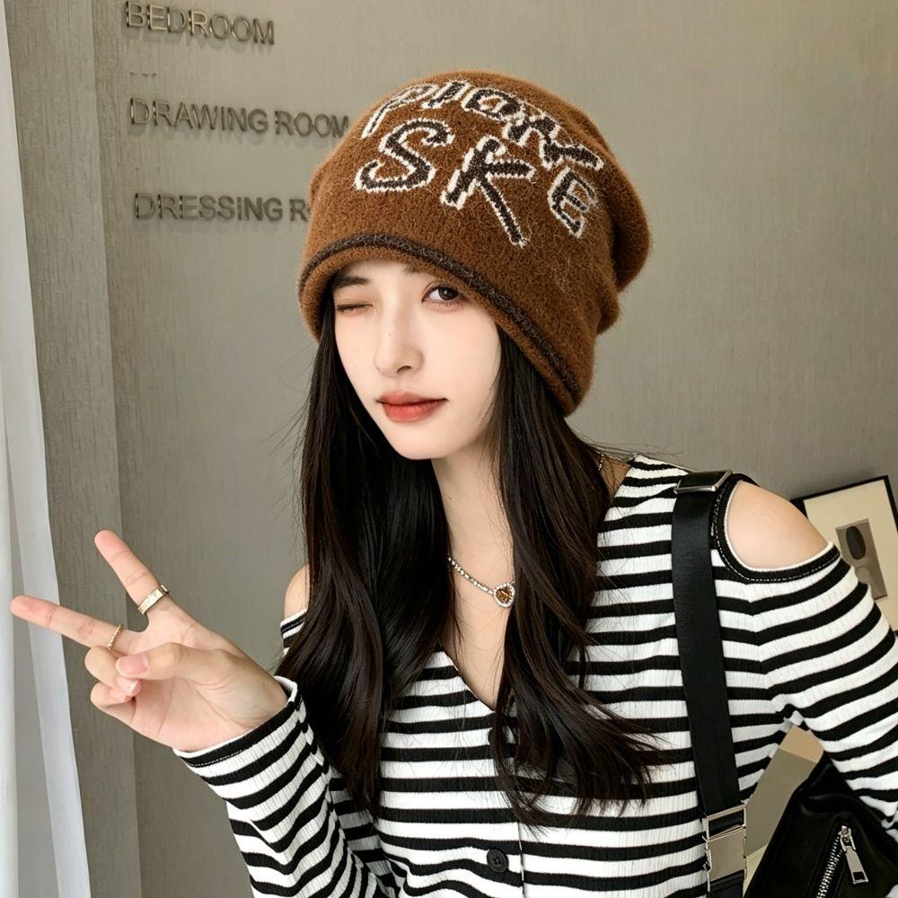 Jacquard Letter Beanie Knitted Hat Windproof Bucket Hat Versatile Beanies Hat Autumn Winter
