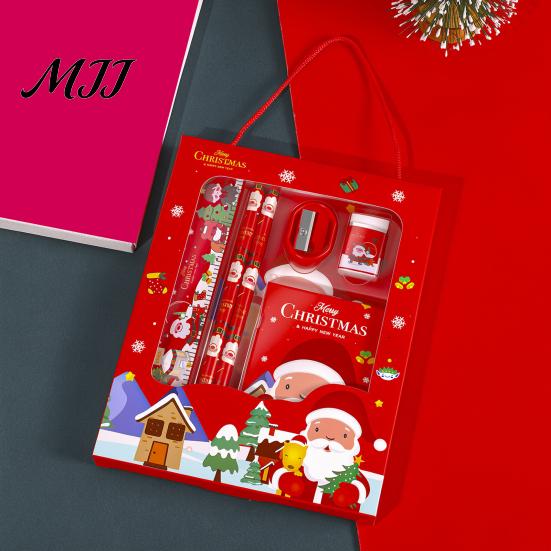Cute Stationery for School 6PCS Christmas Set, Include Pencils Ruler Sharpener Eraser Pencil Case Gift Sets And Notepad, Cartoon Patterns Print