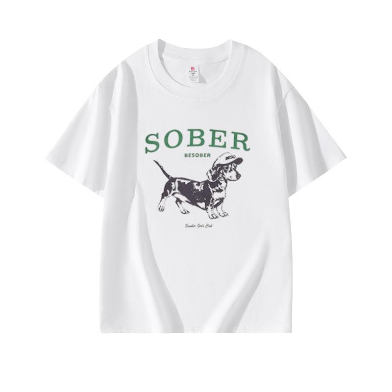 Summer new white round neck cotton short-sleeved T-shirt women s American cartoon puppy print casual loose top S белый