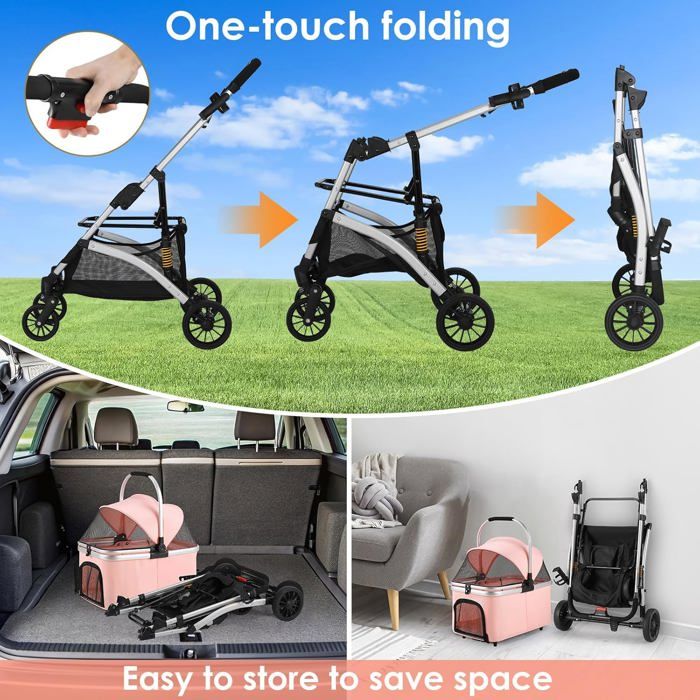 Poussette chien chat pliable 3 en 1, poussette animaux avec roues 360°, panier rangement, fenêtre maille, porte-gobelet
