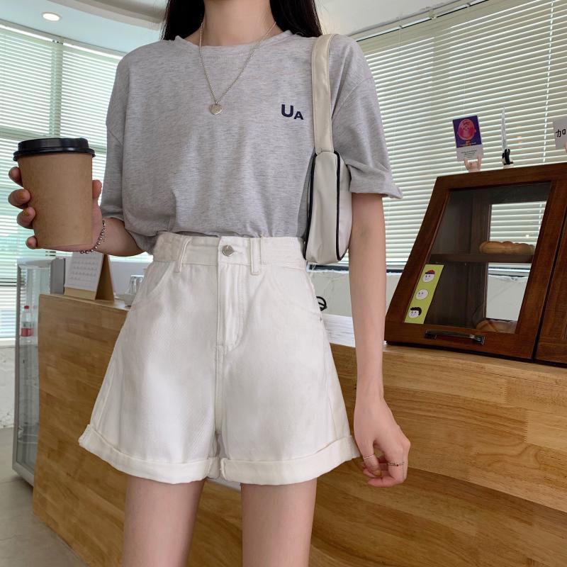 

Korean Style High Waist Rolled Hem Denim Shorts for Women - Summer Casual Loose Fit, Versatile Wide-Leg Design L білий