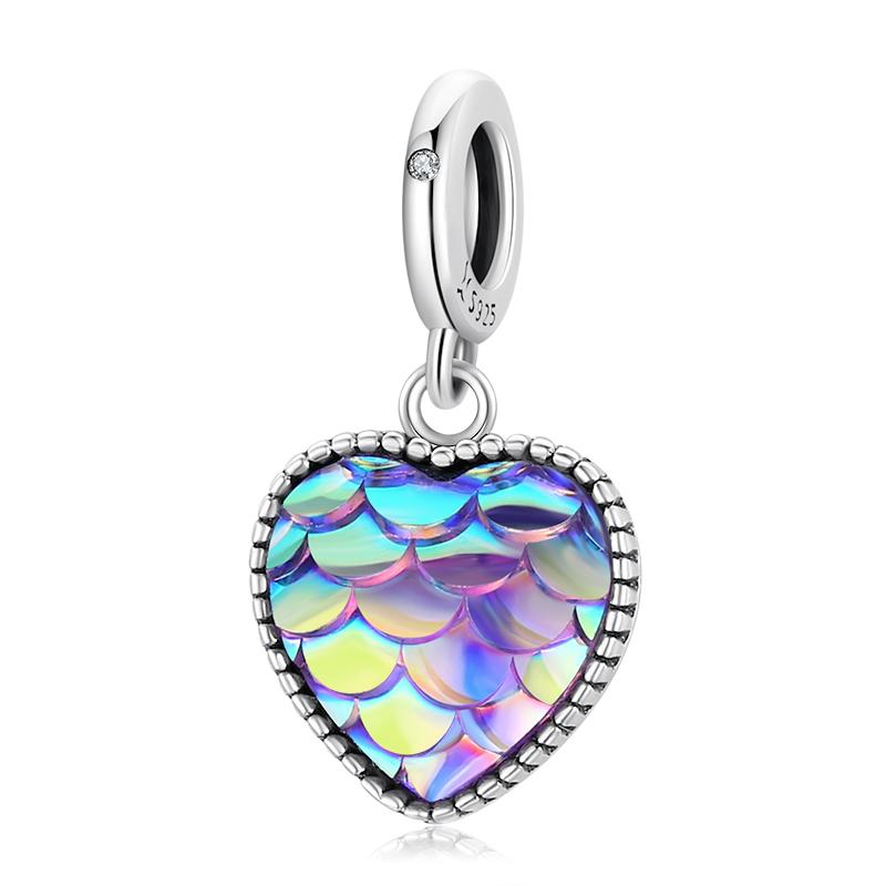 WOSTU 100% 925 Sterling Silver Blue Purple Fish Charms Beads Heart Pendants Fit Original DIY Bracelet Necklace Jewelry for Women