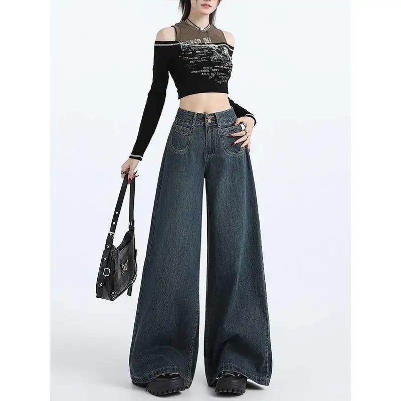 

Womens Double Button Vintage Washed High Waist Loose Floor Length Wide Leg Denim Jeans S синий