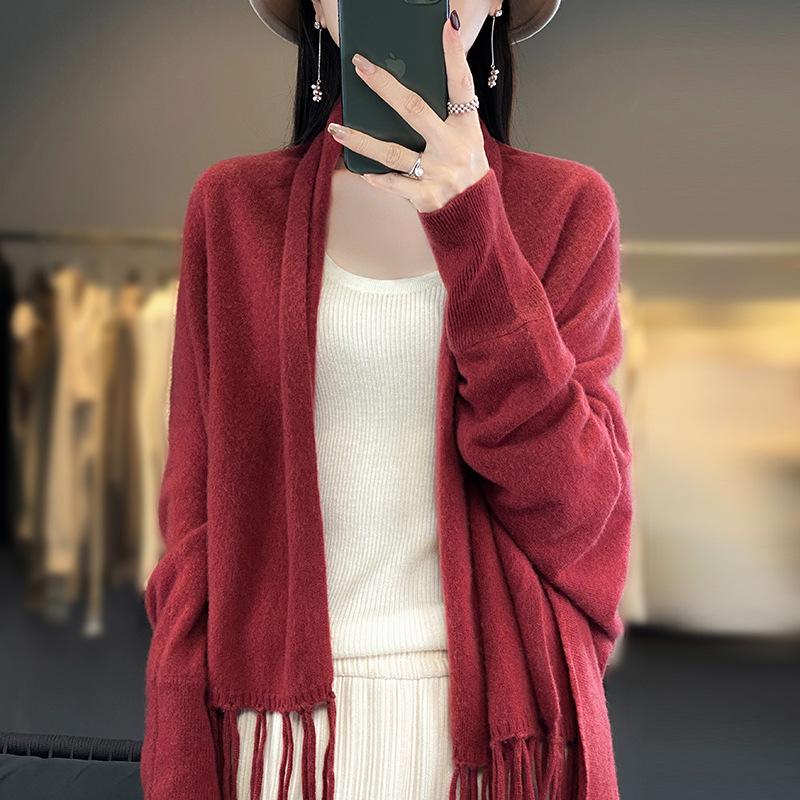 Casual Versatile Women's Pure Wool Tassel Knit Shawl Cardigan for Spring & Autumn