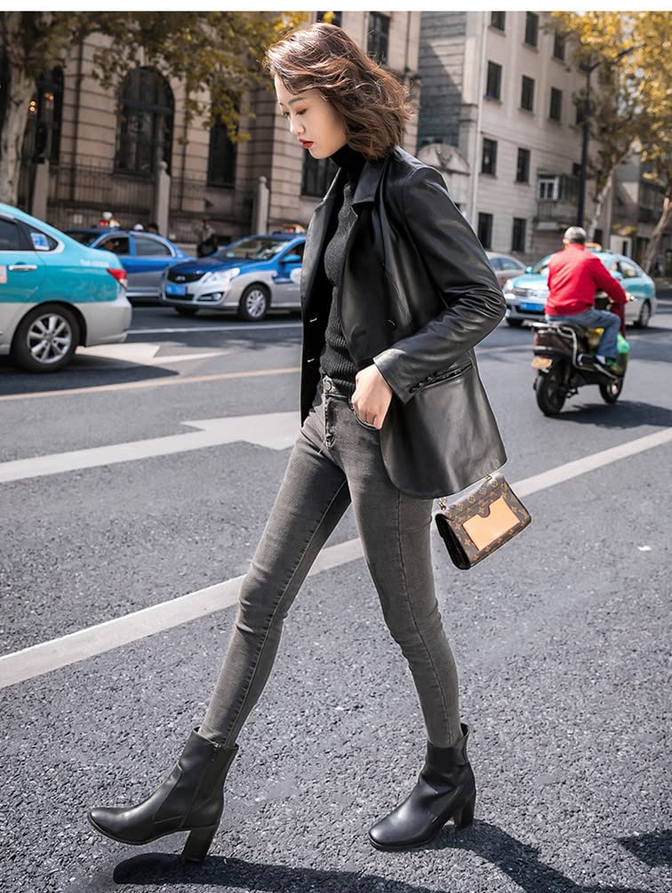 JINLUN Genuine Sheepskin and Lambskin Leather Winter Women's Jacket, Tailored, Spring, Autumn, (XL, Black)