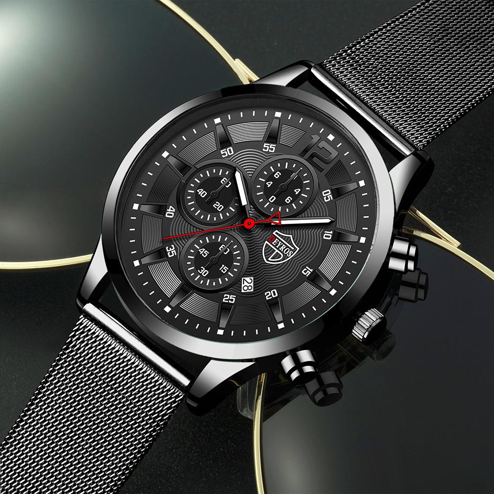 Fashion Business Men's Stainless Steel Mesh Strap Quartz Watch Fake Three Eyes With Date Watch