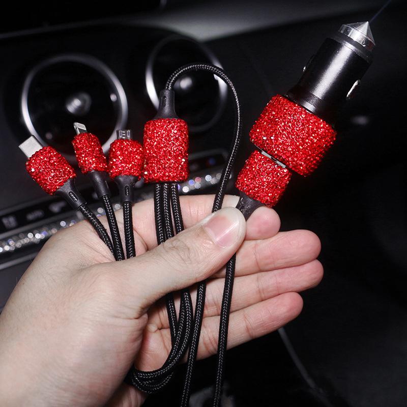 Carregador de carro USB Bling 5V/2.1A Decoração de cristal Adaptador rápido de porta dupla, 3,9 pés Nylon Tipo C Micro USB 3 em 1 Cabo de carregamento múltiplo