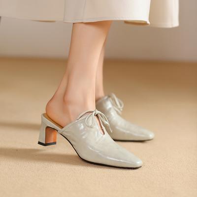 Fashion 2025 Summer Women Shoes Genuine Sheepskin Leather Slippers Women Covered Toe Thick High Heels Party Dress Mules Ladies Sandals