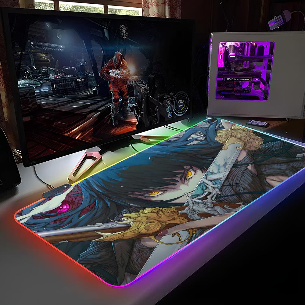 Anime Demon Girl Samurai Katana Mouse Pad RGB Backlit Mouse Pad Laptop Mouse Pad Laptop Gamer Computer Desk Gaming Accessories