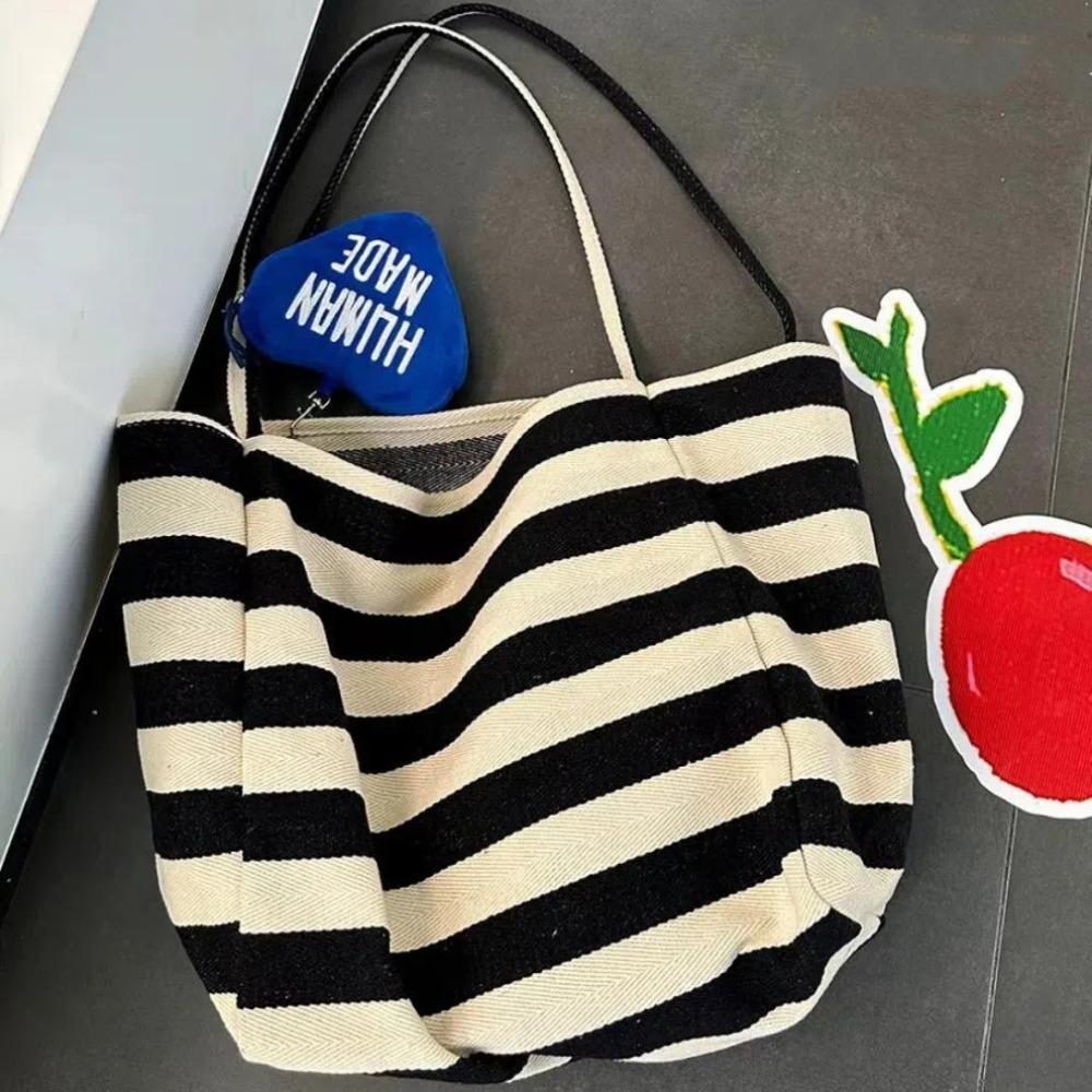 Contrast Color Stripe Canvas Handbag Korean Style Thin Straps Tote Bag  Girls