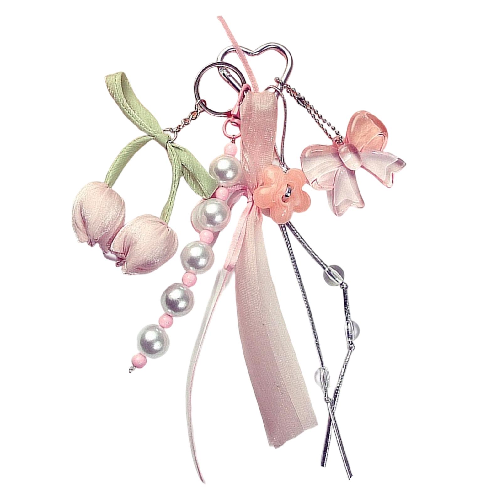 

Flower Bowknot Keyring with Soft Ribbon Portable Bag Pendant Elegant Key Holder Acrylic Texture Present for Women Girl розовый