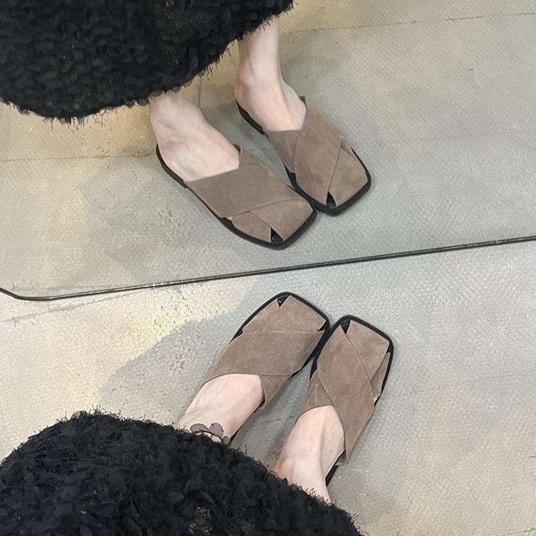 Retro suede square head half slippers women's outer wear spring and summer 2025 new French niche one-pedal sandals