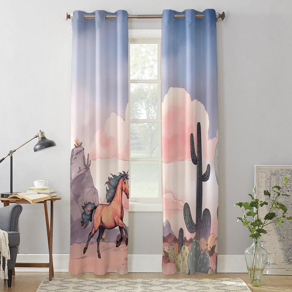 Horse Cactus Clouds Curtains for Bedroom Living Room Window Curtain Treatments Blinds Kitchen Home Decor Drapes