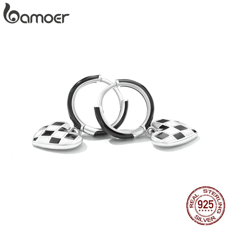

Женские серьги BAMOER из стерлингового серебра 925 пробы с ромбической решеткой, модный черно-белый кулон в форме сердца для девочек, свадебный подарок 925 silver