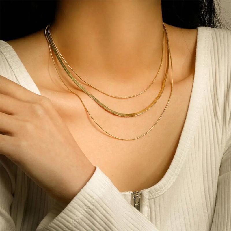 Minimalist Gold-Plated Triple-Layer Snake Bone Chain Necklace