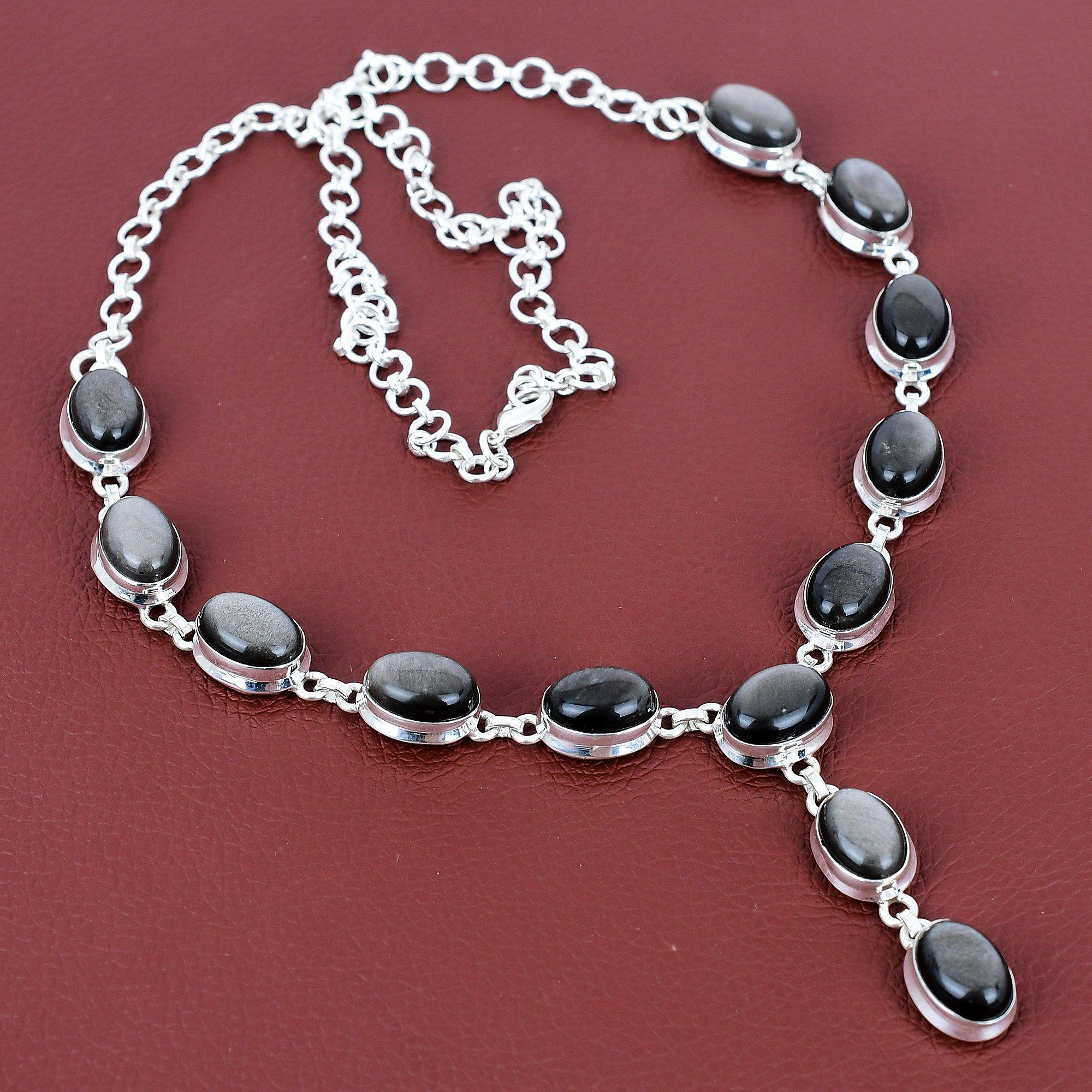 

Silver sheen obsidian necklace 925 sterling silver necklace adjustable chain necklace handmade gemstone necklace gift for her unique jewelry Adjustable