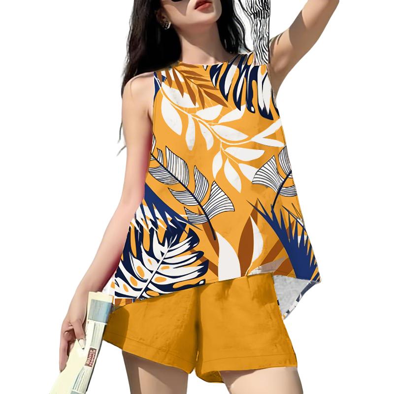 

ZANZEA Женские принтованные майки и шорты Летние комплекты из двух частей 5XL жёлтый