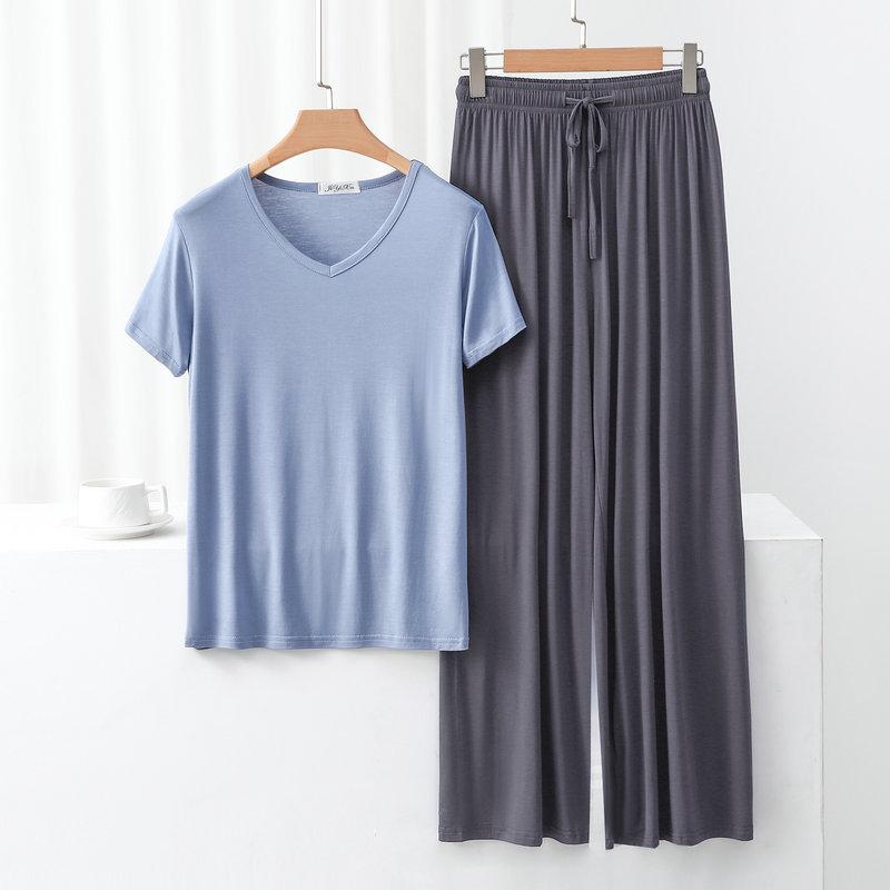 Modal Homewear 2pcs Pajamas Set Short Sleeve Tops and Trousers Solid Color Casual Loose Sleepwear Suit Plus Size Nightwear