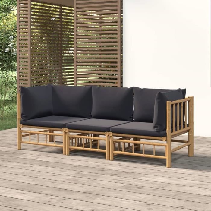 VidaXL Salon de jardin 3 pcs avec coussins gris foncé bambou 3155215