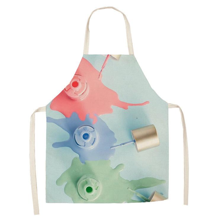 New Linen Colorful Nail Polish Cosmetics Theme Print Kitchen Aprons Unisex Dinner Party Cooking Bib Funny Cleaning Apron Barber