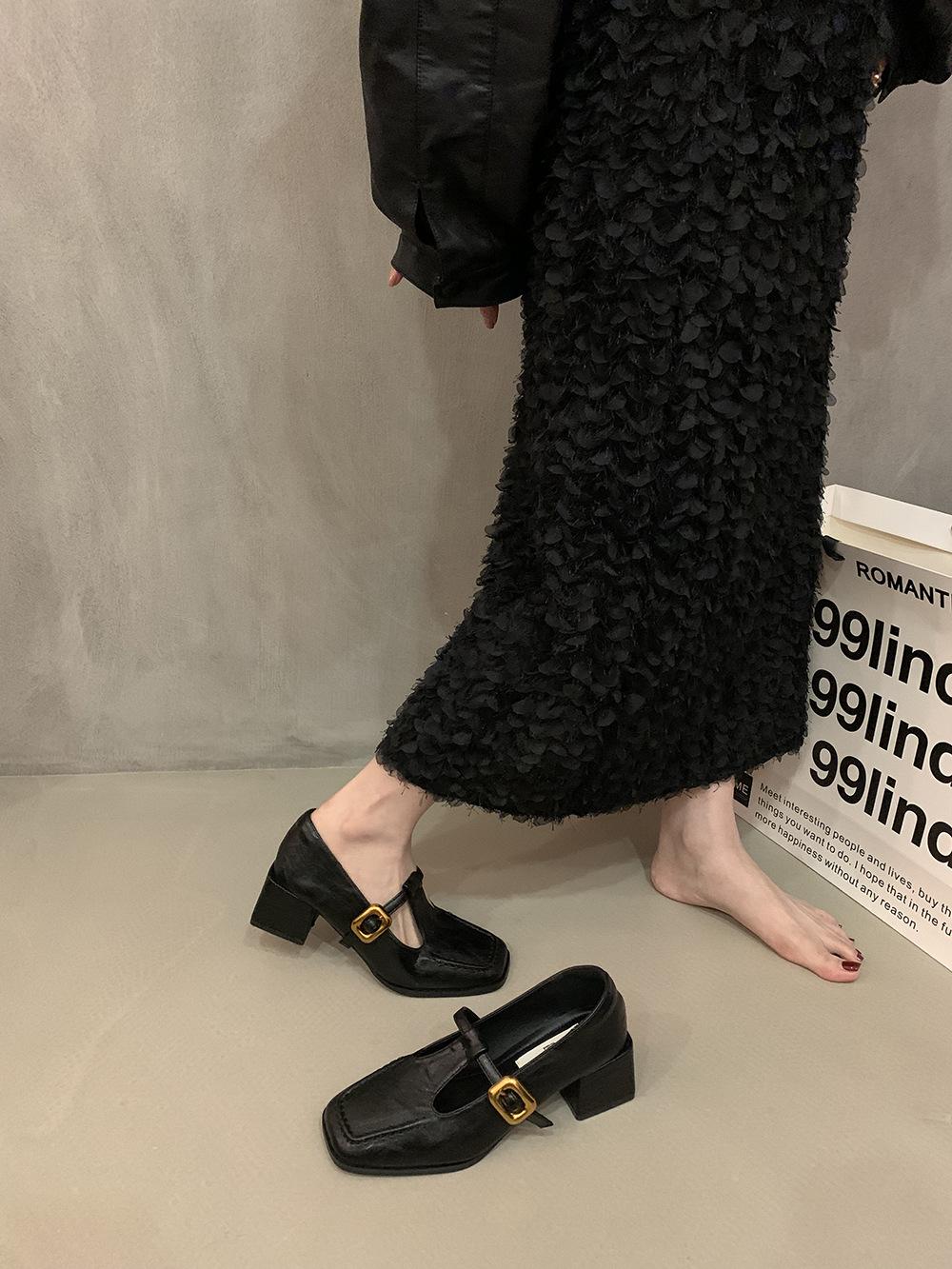 

Нишевый дизайн, туфли-лоферы на толстом каблуке, ранняя осень, квадратный носок, маленькие кожаные туфли, французские ретро туфли Мэри Джейн, женская обувь 39 чёрный