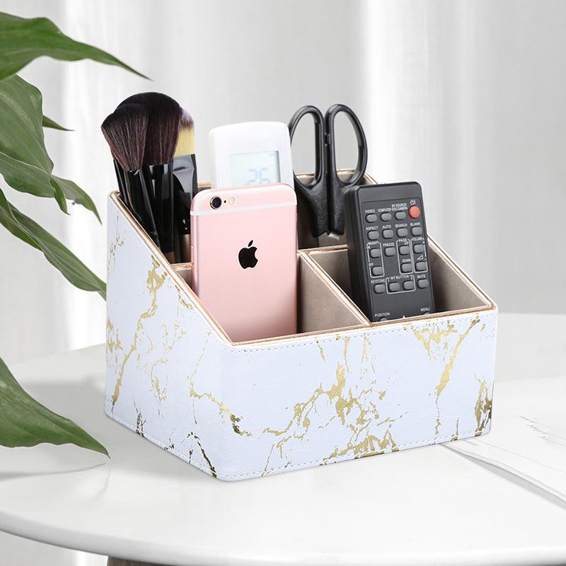 Multi-Functional 3 Compartments Wooden Storage Box Gold Edge Marble Faux Leather Desk Organizer Remote Controllers Holder Case