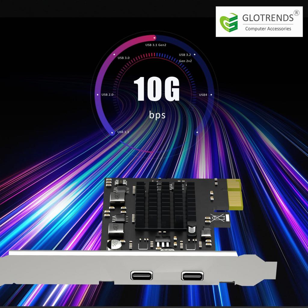 GLOTRENDS U3142CX1 10Gb USB Gen2 naar PCIE X1 Uitbreidingskaart met ASM 3142 Standaard en Low Profile Beugel 2-Poorts 3.1 Type-C Chip,