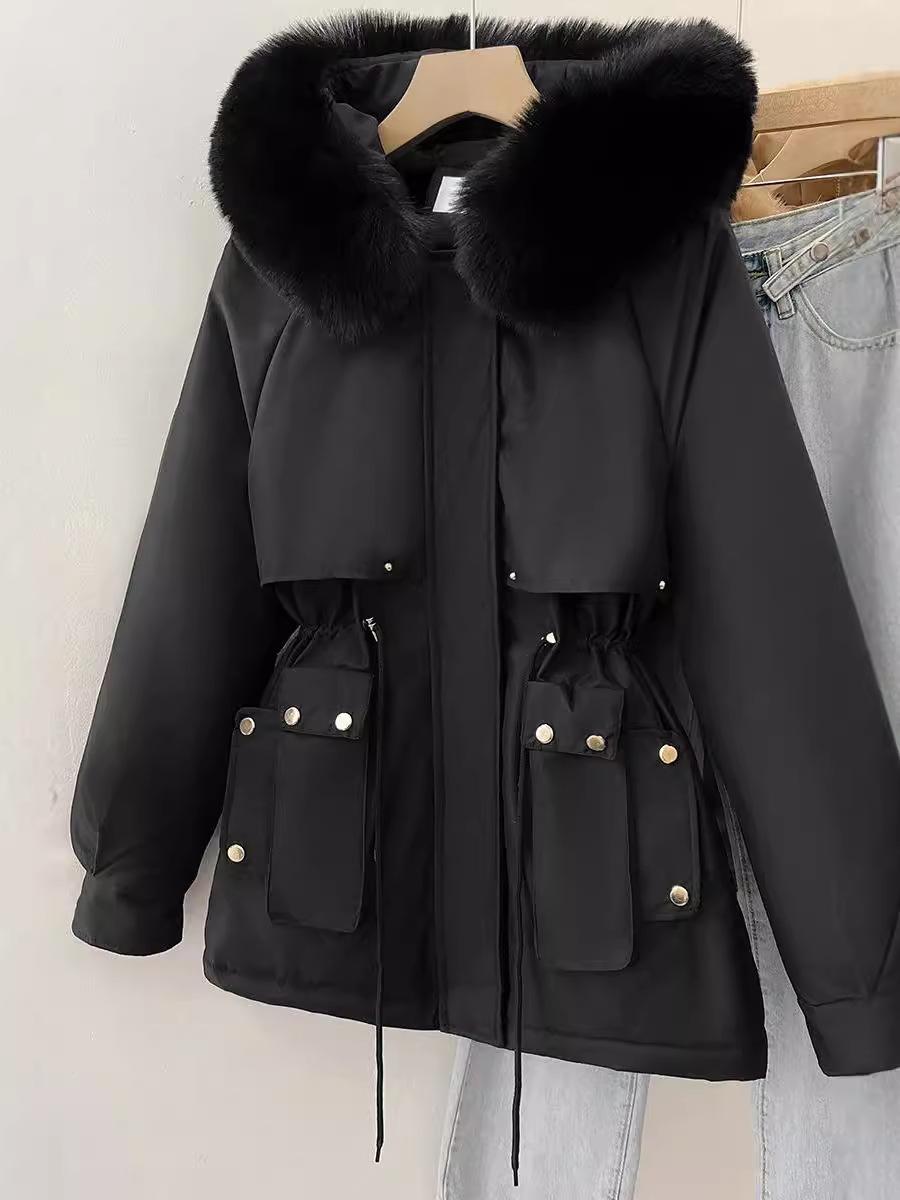 

Пальто-парка для женщин Зимняя теплая парка Куртка-парка с флисовой подкладкой и карманами Длинное зимнее пальто с капюшоном Женская ветрозащитная утепленная куртка M чёрный