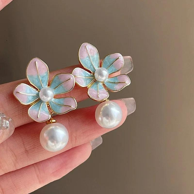 

2025 Pink Green Enamel Big Flower Imitation Pearl Korean Design Lovely Cute Drop Earrings Exaggerated Wedding Party Zircon