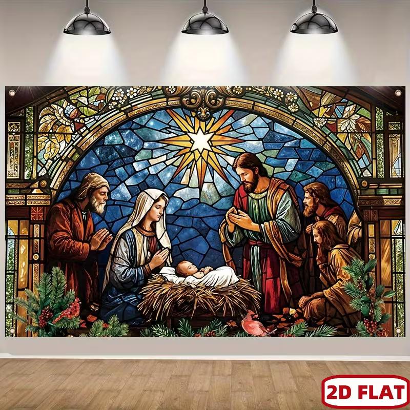 2D Holy Family Nativity Backdrop Cloth Stained Glass Christmas Wall Decor 47.2x31.5inch/120*80cm
